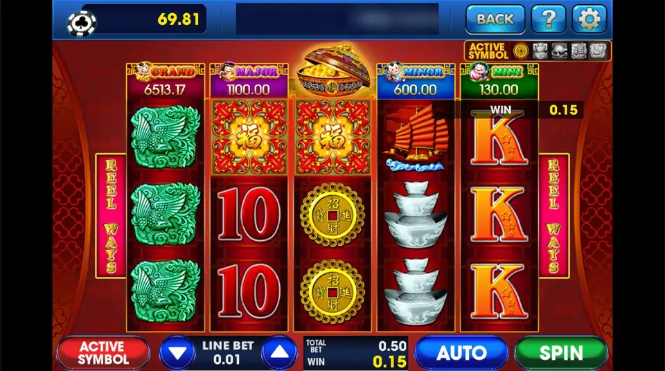 88 Fortune on 3Win8 at line bet 0.01, jade phoenixes on reel 1, two fu wilds and a win of 0.15 on a 0.50 bet