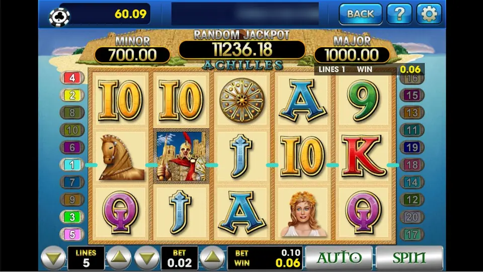 Achilles on 3Win8 with 5 lines at 0.02: the wooden horse and Achilles on line 1 pay 0.06