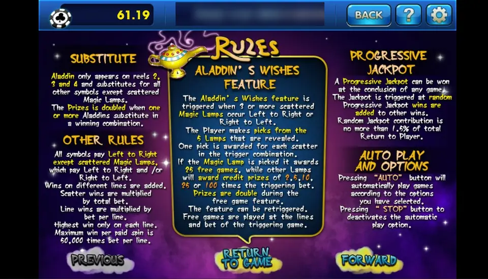 Aladdin's Wishes rules on 3Win8: Aladdin substitute on reels 2 to 4, the lamp-picking feature with 25 free games, progressive jackpot and other rules
