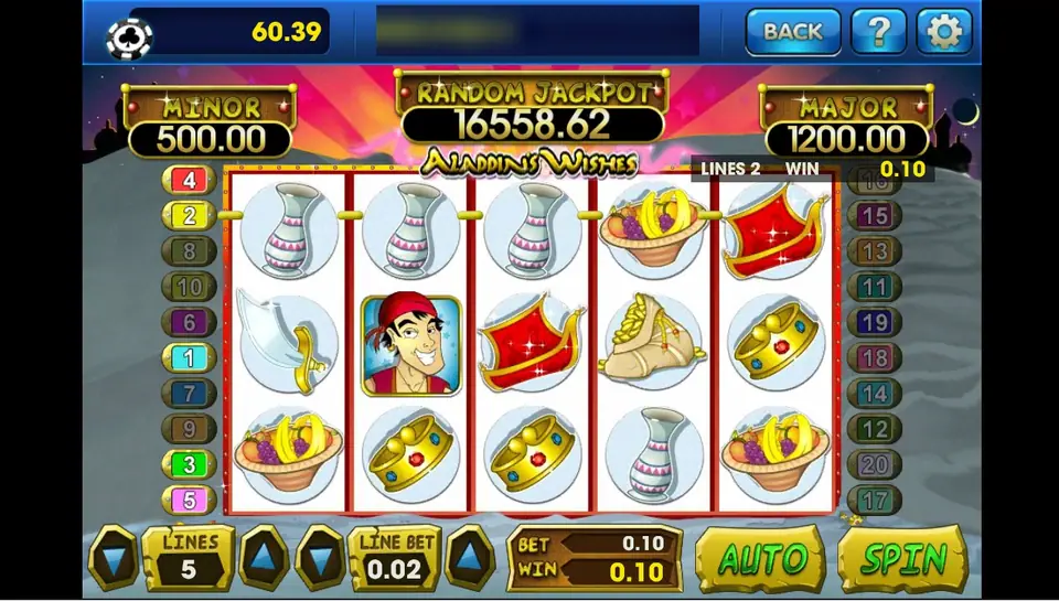 Aladdin's Wishes on 3Win8 with 5 lines at 0.02, three vases on line 2 paying 0.10
