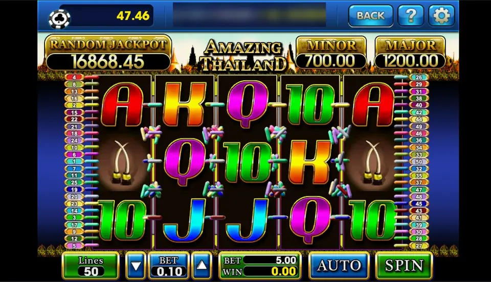 Amazing Thailand on 3Win8 with 50 lines at 0.10 for 5.00, elephant tusks on reels 1 and 5 among card letters