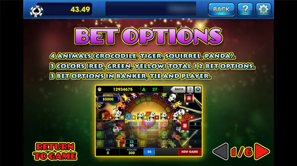 Animal Circus help page on 3Win8: 4 animals, 3 colours, 12 bet options, plus Banker, Tie and Player