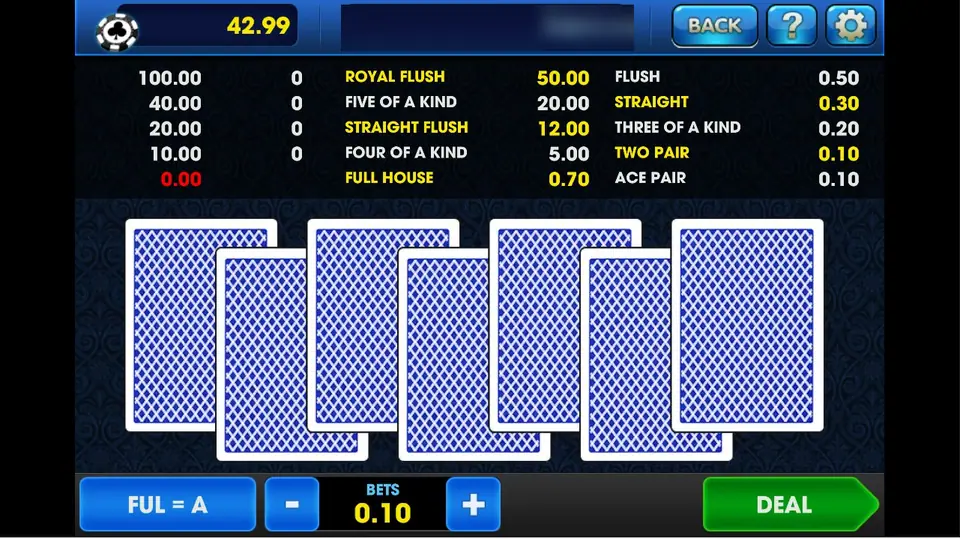 Bola Tangkas on 3Win8 before the deal, seven face-down cards, a bet of 0.10 and the full pay table