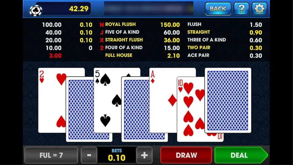 Bola Tangkas on 3Win8 after the deal: 2 of hearts, 5 of spades, ace of diamonds and 10 of hearts face up, three cards face down, pay table above
