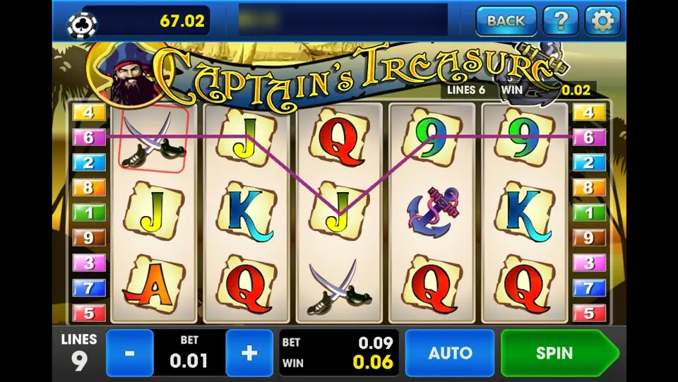 Captain's Treasure on 3Win8 at 0.01 a line: one sword on reel 1 pays 0.02 on line 6, 0.06 in total