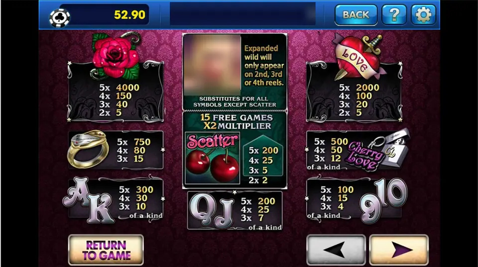 Cherry Love pay table on 3Win8: rose 4000, heart with dagger 2000, snake ring 750, lighter and key ring 500, cherry scatter with 15 free games at x2
