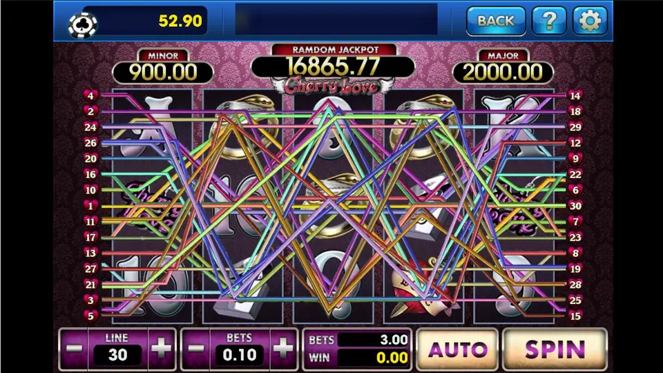 Cherry Love on 3Win8 with all 30 lines drawn over the reels, 0.10 a line for 3.00, Random Jackpot, Minor and Major above