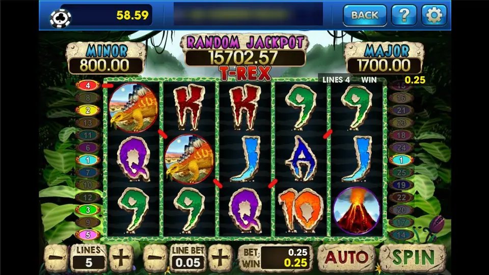 T-Rex spin on 3Win8 with two stegosaurus tiles on line 4 and a win of 0.25 on 5 lines