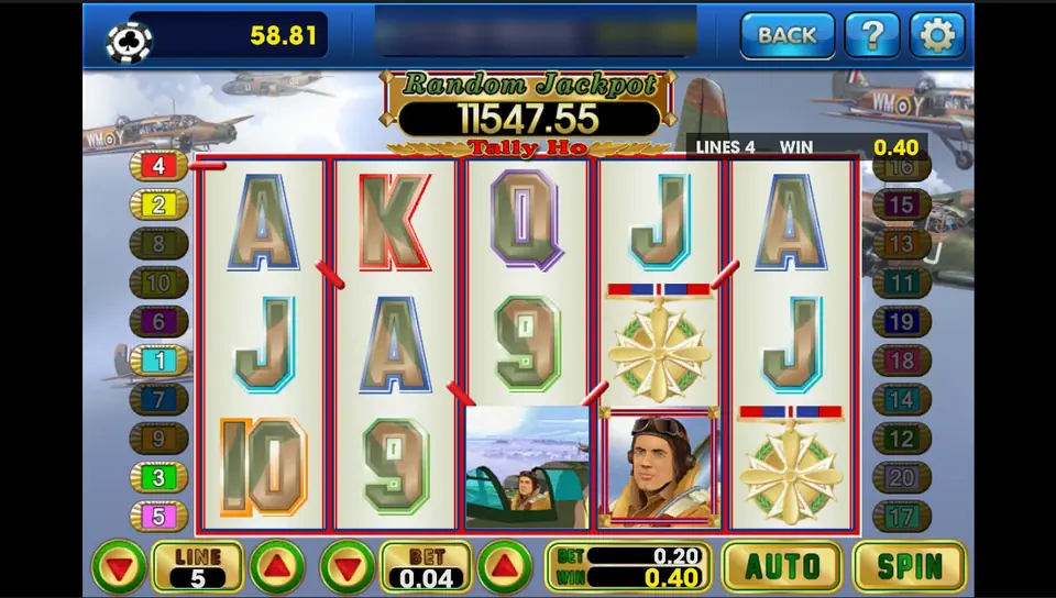 Tally Ho spin on 3Win8 with 5 lines at 0.04, a pilot and a cockpit tile on the reels and 0.40 won on line 4