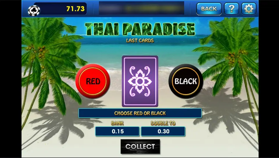 Thai Paradise gamble screen on 3Win8 with red and black buttons, a face-down card and a bank of 0.15 to double to 0.30