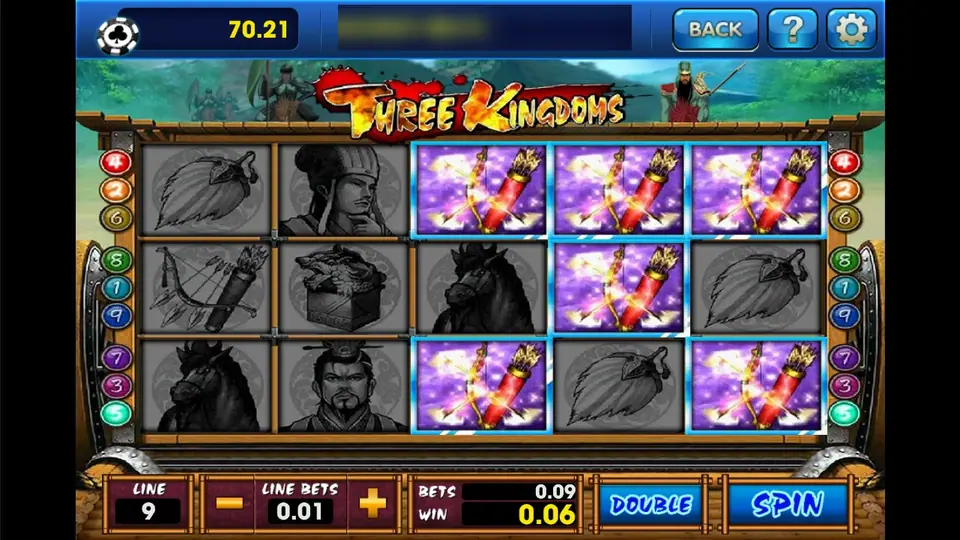 Three Kingdoms win on 3Win8 with bow and quiver symbols lit on reels 3 to 5, 0.06 won on a 0.09 bet