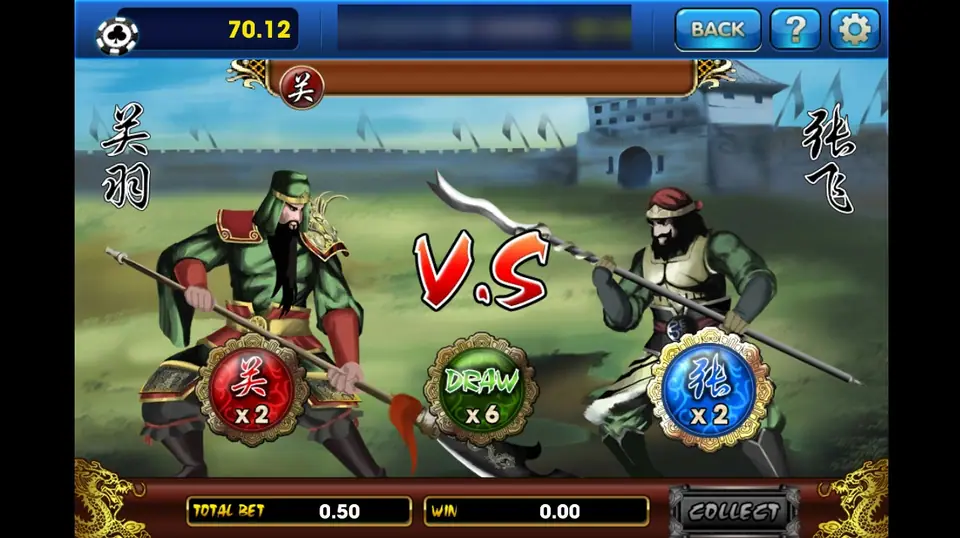 Three Kingdoms bonus duel on 3Win8: two generals face off with red x2, draw x6 and blue x2 buttons, total bet 0.50