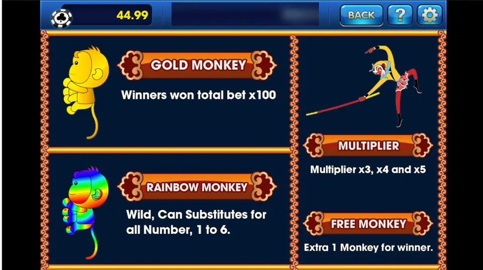Thunder Bolt rules on 3Win8: gold monkey pays total bet x100, rainbow monkey wild for 1 to 6, multiplier x3 to x5, free monkey