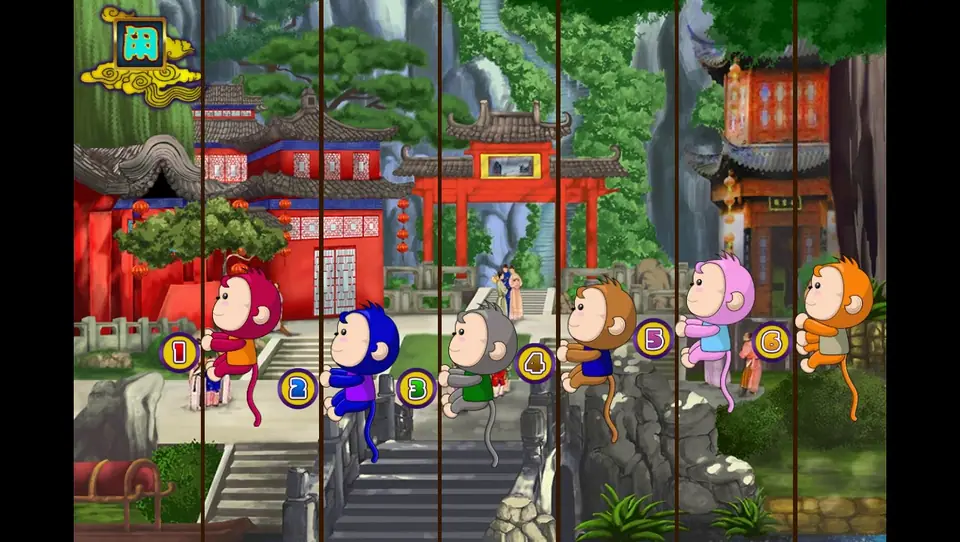 Thunder Bolt race on 3Win8 with six numbered monkeys on ropes in front of a red temple and a gateway