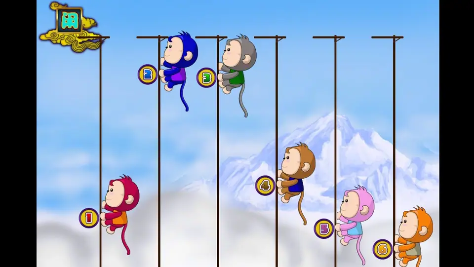 Thunder Bolt race on 3Win8 with monkeys 2 and 3 near the top of their ropes and a snowy peak behind