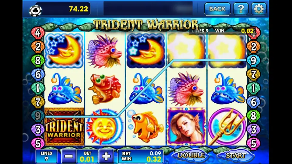 Trident Warrior spin on 3Win8 at 0.01 a line, line 9 lit and a win of 0.32 on a 0.09 bet, with bursts of light on reels 4 and 5