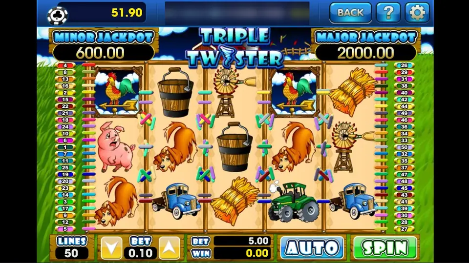 Triple Twister reels on 3Win8 with a weather vane, buckets, a pig, a dog, a windmill, hay and trucks, 50 lines at 0.10