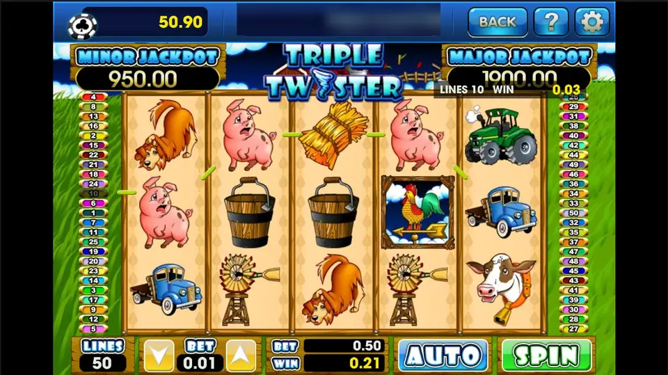 Triple Twister spin on 3Win8 at 0.01 a line, with a line 10 win of 0.03 and 0.21 won in total on a 0.50 bet