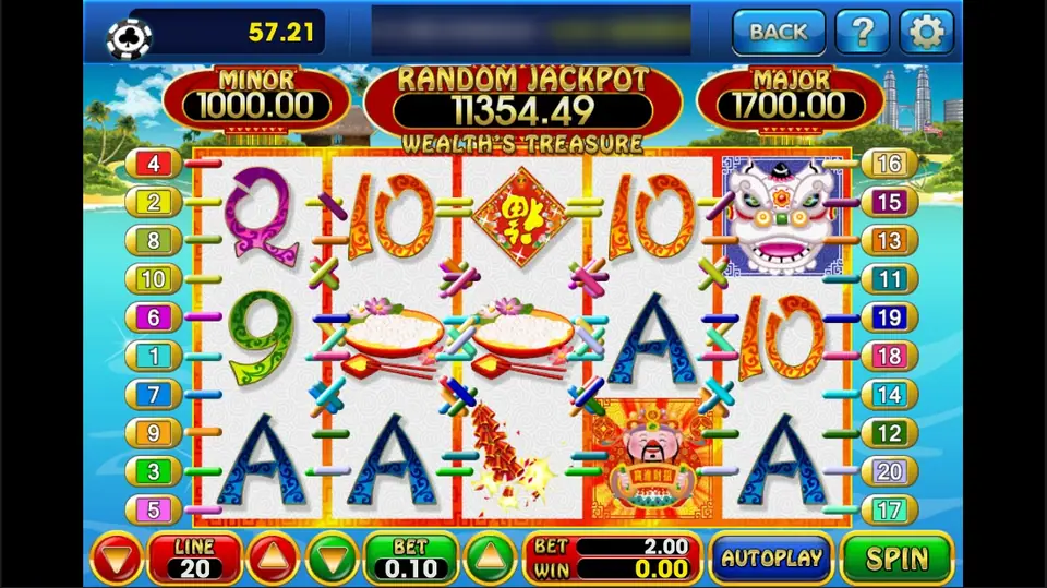 Wealth's Treasure reels on 3Win8 with rice bowls, a lion dance head, firecrackers, the Money King and card letters, 20 lines at 0.10