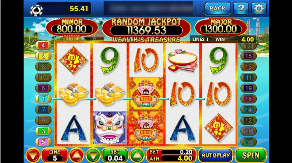 A line 1 hit in Wealth's Treasure on 3Win8: two gold ingot tiles and the Money King on line 1 pay 4.00 on a 0.20 bet