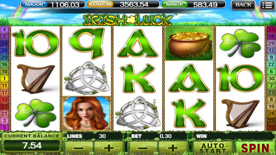 Irish Luck on 918Kiss with a pot of gold, harps, Celtic knots, shamrocks and the red-haired wild, 30 lines and a 0.30 bet