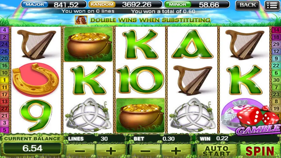 Irish Luck with pots of gold on reels two and three, a horseshoe and harps, the win shown along the top