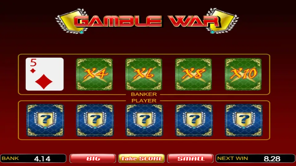 Gamble War screen with a 5 of diamonds as the banker card, Big, Small and Take Score buttons