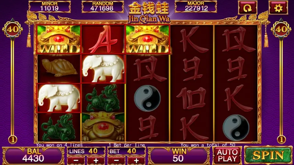 Jin Qian Wa win on four lines worth 50, with two toad wilds on the top row and elephants and jade dragons highlighted