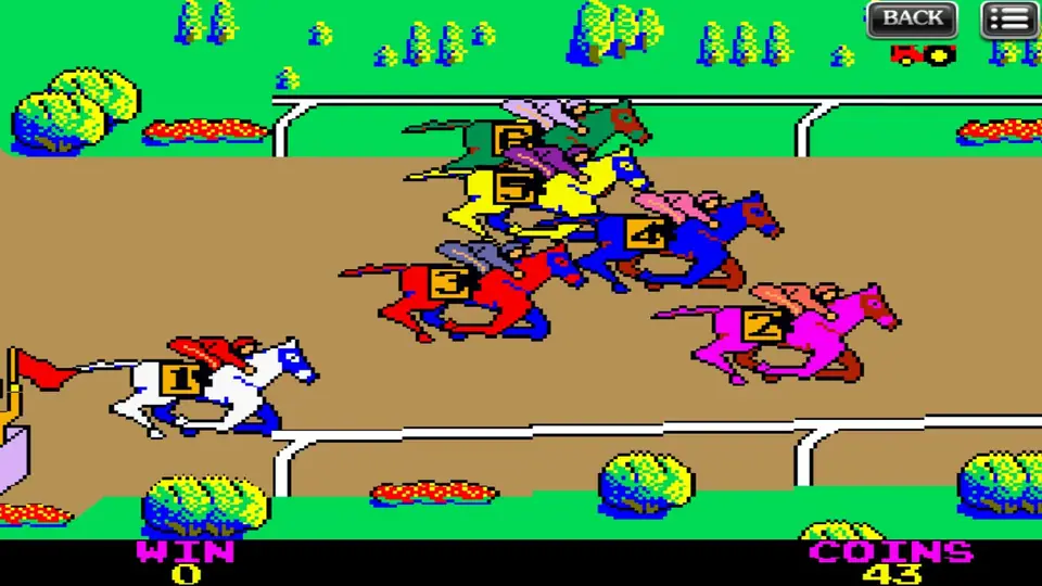 Six numbered horses leaving the start of the King Derby track, with the starter's flag on the left