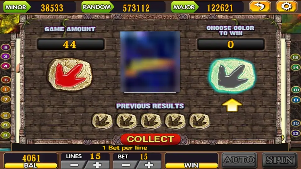 Laura gamble screen with a game amount of 44, a red and a black fossil footprint to choose from and a row of previous results