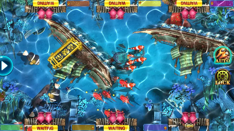 Li Kui Pi Yu 10000 table in blue water with two wrecked junks, clownfish, a turtle and red lobsters
