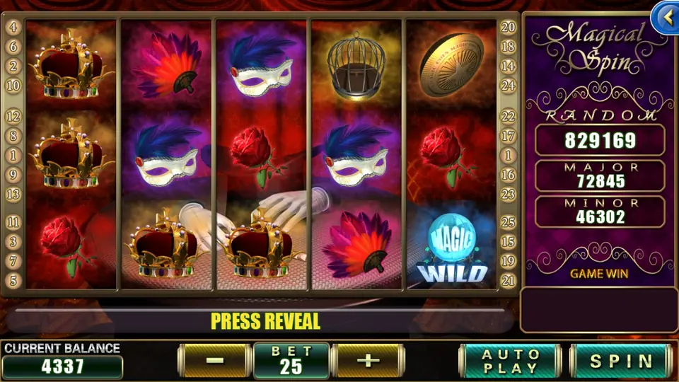 Magical Spin reels with jewelled crowns, feathered masks, a red rose, a birdcage, a gold coin and one Magic Wild on reel five
