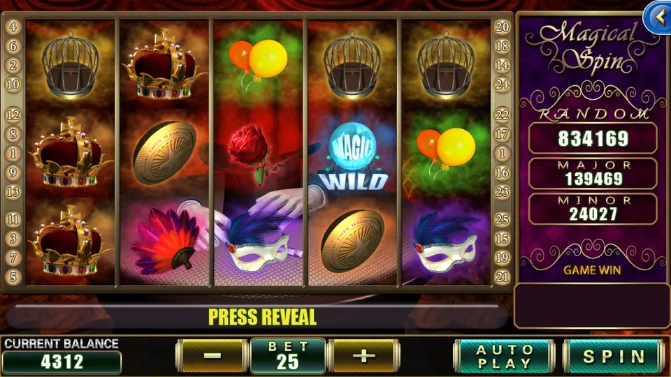 Magical Spin reels with crowns, a birdcage, a gold coin, balloons, a mask and a Magic Wild on reel four