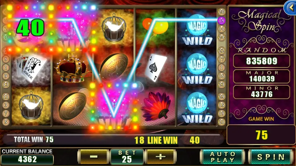 Magical Spin win with three Magic Wild crystal balls stacked on reel five, line 18 paying 40 and a total win of 75 on a bet of 25