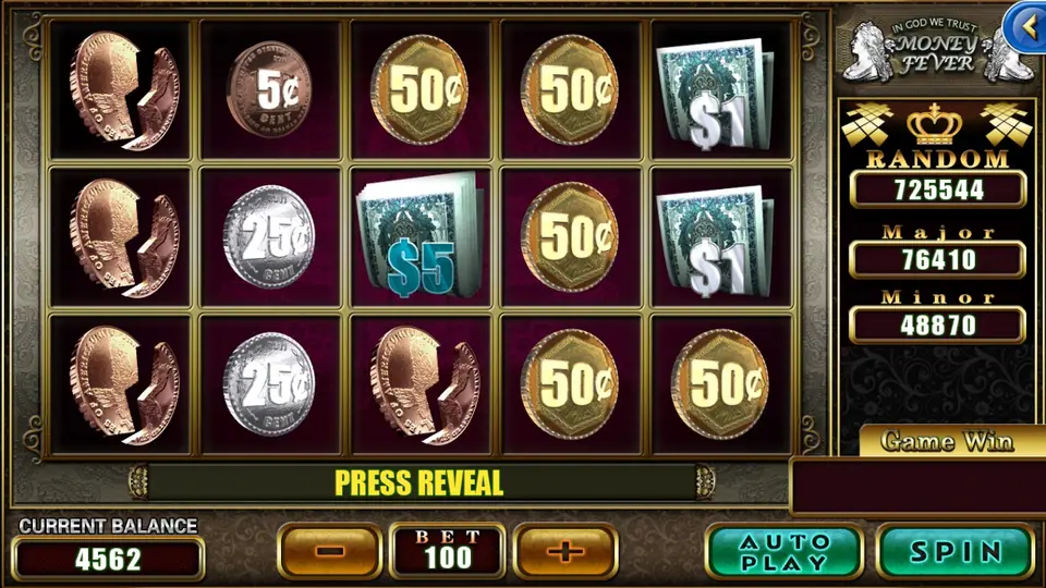 Money Fever reels full of 5, 25 and 50 cent coins, cracked pennies and $1 and $5 bills, bet 100, with Press Reveal under the reels