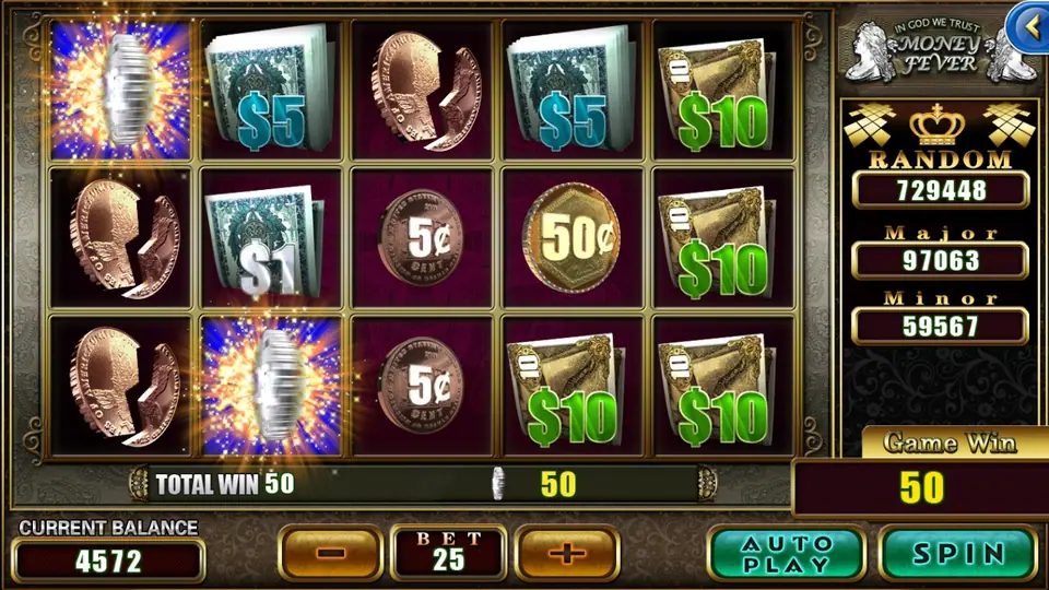 Money Fever win of 50 with two spinning silver coins lit up on reels one and two, and $10 bills on reels four and five