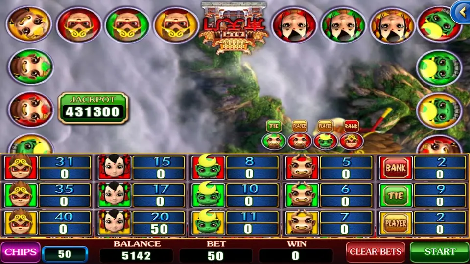 Monkey Story Plus betting board with four characters in red, green and yellow at odds from 5 to 40, Bank 2, Tie 9 and Player 2, a 50 chip on one box