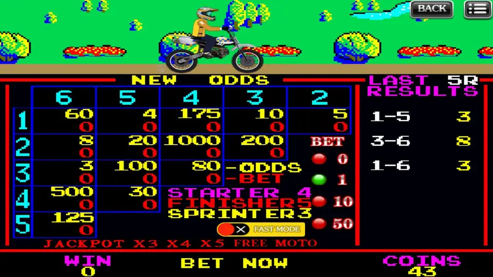 Motorbike NEW ODDS board with pair odds for six riders, bet buttons 0, 1, 10 and 50, last results 1-5, 3-6 and 1-6