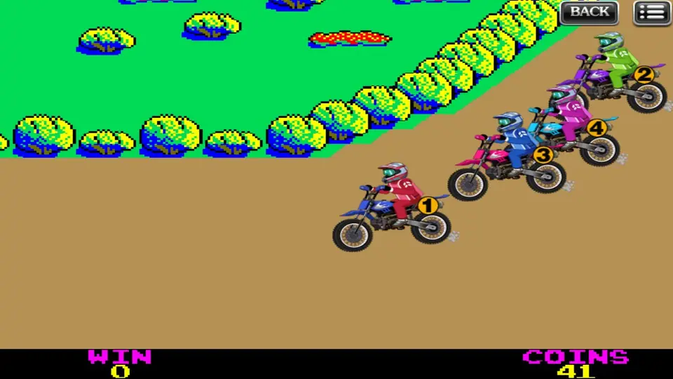 Motorbike riders 1 to 4 rounding a bend next to a hedge, rider 1 in red at the back
