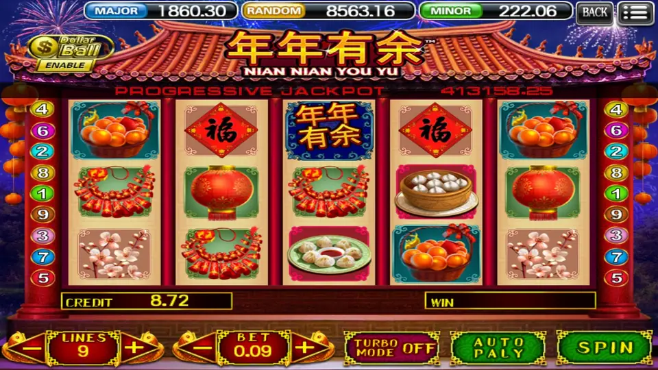 Nian Nian You Yu reels with the 年年有余 scatter on reel three, two 福 diamonds, baskets of mandarin oranges, firecrackers and lanterns, 9 lines at 0.09