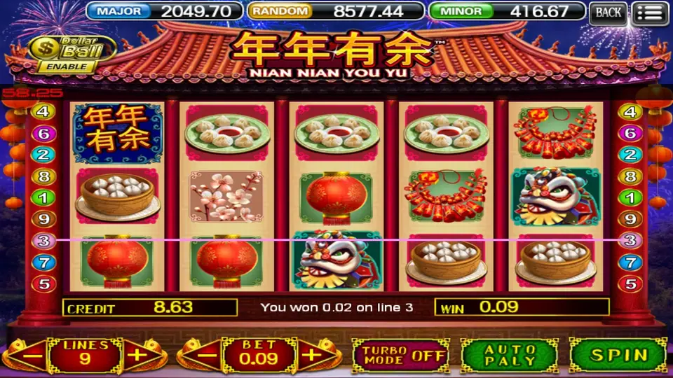 Nian Nian You Yu with a line win of 0.02 on line 3 marked by a pink line, lanterns and steamed buns on the bottom row