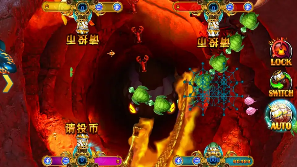 Ocean King 10000 table with green turtles, lobsters and the fire dragon's tail, a cannon set to 1000 in the bottom corner