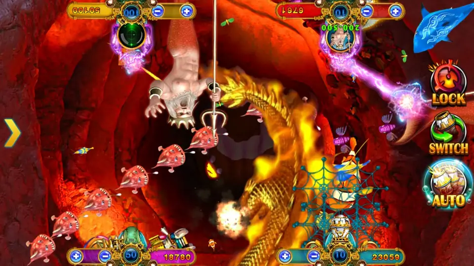 Ocean King table with a sea king holding a trident, a golden fire dragon, anglerfish and a net bursting over a fish, cannons in each corner
