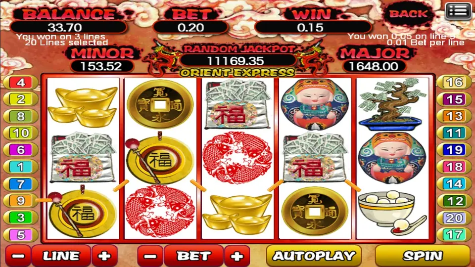Orient Express line win with a gong, paper-cut fish, ingots, a red envelope and a coin, marked along line 9