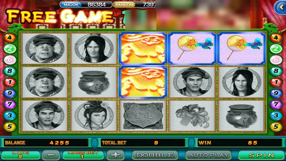 Pan Jin Lian free game round with glowing gold tiles stacked on reel three and two butterfly fans in colour, win 85