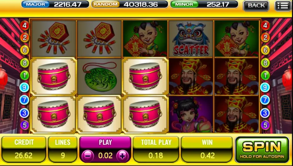 God of Wealth win of 0.42 with five pink drums on reels one to three, three Cai Shen symbols on reels four and five and a lion dance scatter