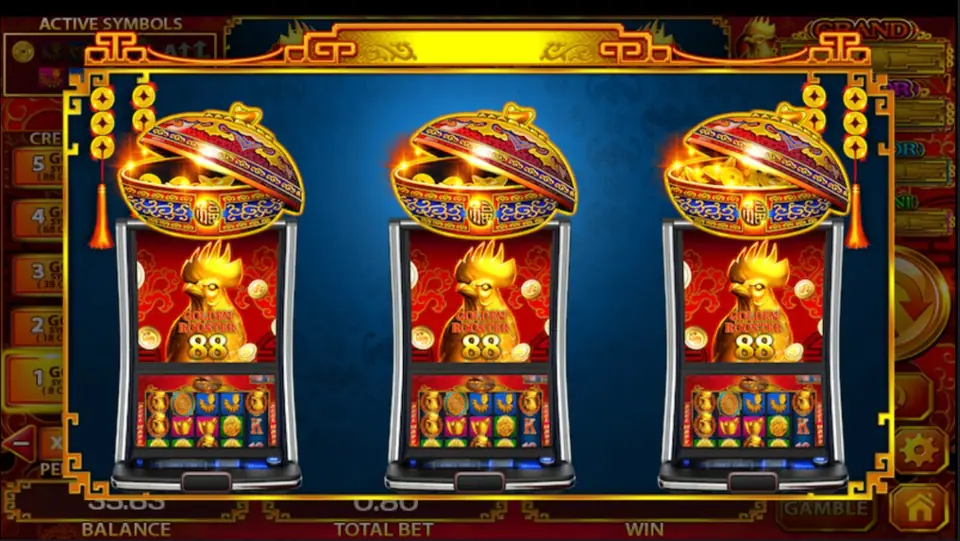 Golden Rooster 88 intro screen with three slot cabinets under open treasure bowls full of gold coins