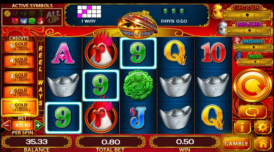 Golden Rooster 88 win with three green 9s highlighted on reels one to three and the banner 1 WAY, PAYS 0.50