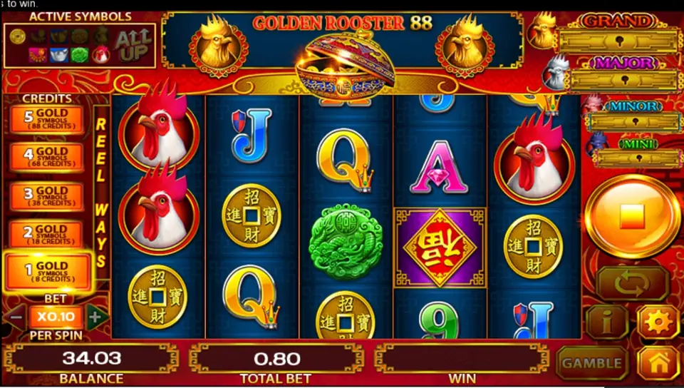 Golden Rooster 88 reels with red roosters, gold coins, a jade medallion and a 福 tile, the 1 GOLD SYMBOL level lit at x0.10 and a total bet of 0.80