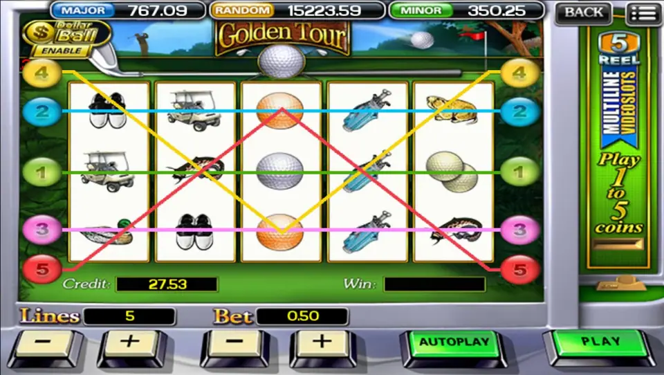 Golden Tour on ACE333 with all 5 lines drawn over golf shoes, carts, golf balls, a club bag and a gopher, Lines 5 and Bet 0.50